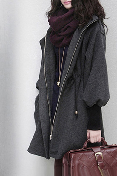 Women's Winter Long Sleeve Hooded Drawstring Waist Dark Gray Cashmere Coat