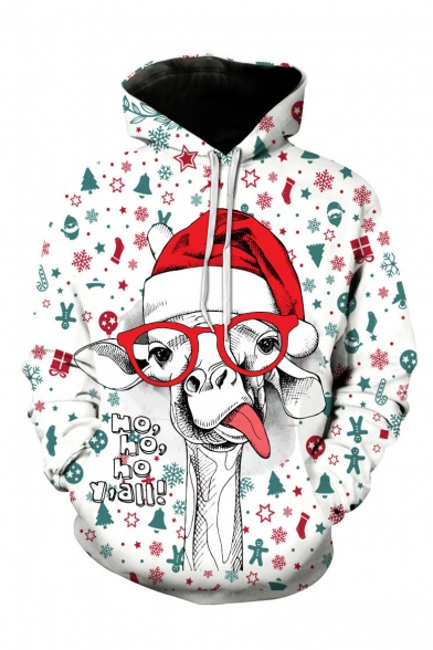 3D Christmas Series Cartoon Deer Printed Long Sleeve Loose White Hoodie for Men