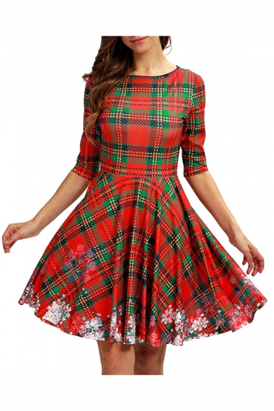 Classic Red and Green Check Printed Half Sleeve Midi A-Line Dress for Women