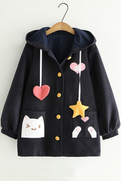 Funny Cartoon Cat Patched Pocket Long Sleeve Hooded Button Down Coat