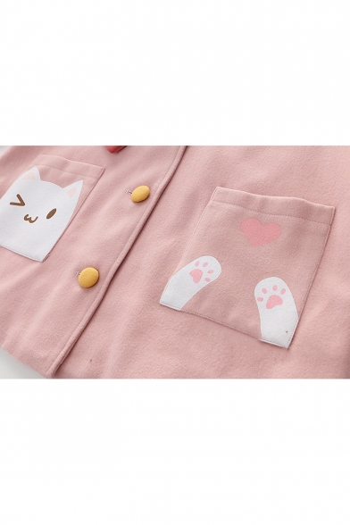 Funny Cartoon Cat Patched Pocket Long Sleeve Hooded Button Down Coat