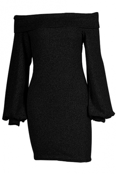 Hot Fashion Off-Should Lantern Sleeve Plain Mini Bodycon Dress