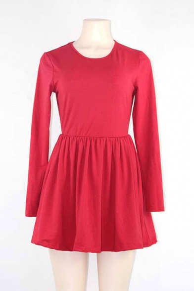 Long Sleeve Round Neck Simple Solid Mini A-Line Dress