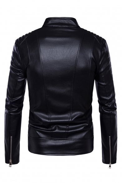 Men's Classic Long Sleeve Stand Collar Multi-Zip Embellished Slim Fitted Black Biker Jacket