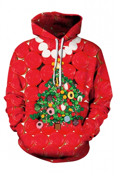 New Fashion Red 3D Christmas Tree Pattern Long Sleeve Loose Fitted Hoodie
