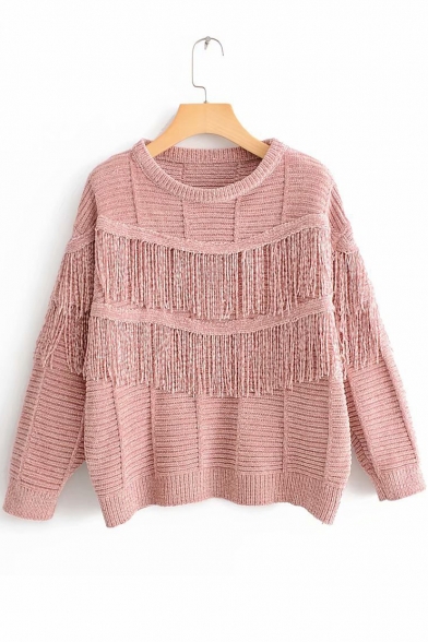 Round Neck Long Sleeve Chic Tassel Embellished Pullover Sweater