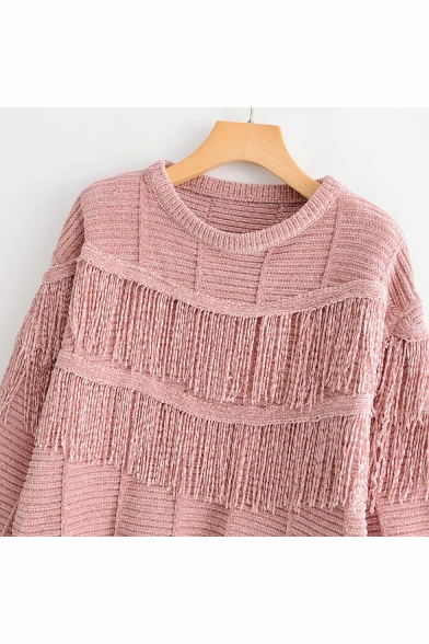 Round Neck Long Sleeve Chic Tassel Embellished Pullover Sweater