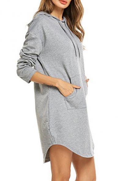 Simple Cozy Long Sleeve Casual Plain Hooded Dress