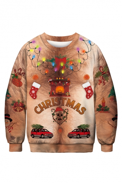 Trendy 3D Christmas Pattern Round Neck Long Sleeve Brown Regular Fitted Sweatshirt