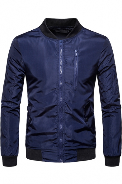 Trendy Contrast Hem Long Sleeve Slim Fitted Zip Up Bomber Jacket for Men