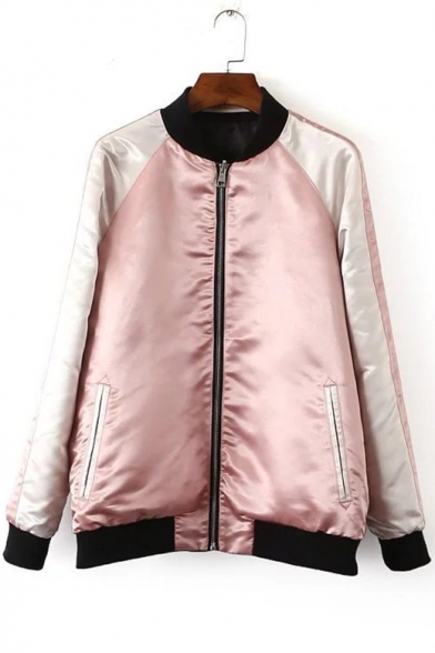 Trendy Long Sleeve Stand Collar Color Block Floral Embroidered Zip Up Reversible Baseball Jacket