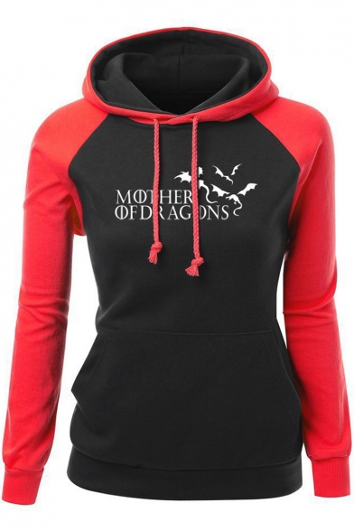 Women's Long Sleeve Letter MOTHER OF DRAGONS Printed Colorblock Sports Hoodie
