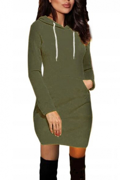 Women's New Stylish Long Sleeve Basic Solid Mini Bodycon Hoodie Dress
