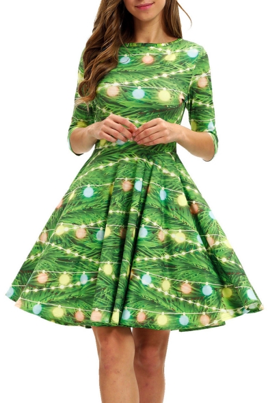 Christmas Bell Printed Half Sleeve Green Midi A-Line Pleated Dress