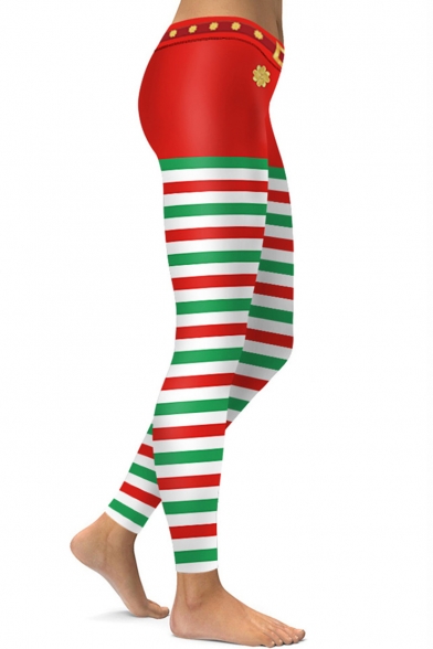 Classic Red and Green Striped Printed Elastic Waist Yoga Leggings