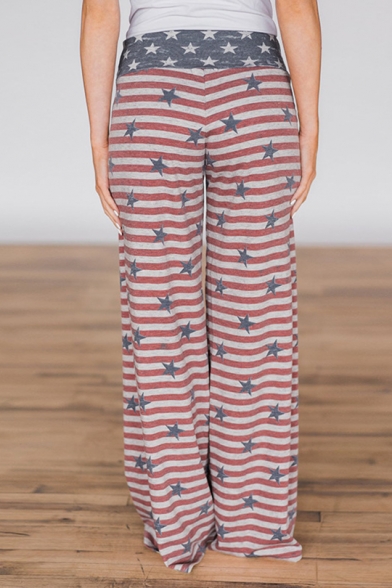 Classic Striped Floral Printed Tied Waist Loose Leisure Wide Legs Pants