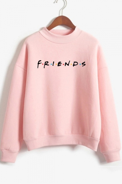 Colorful Dot Letter FRIENDS Printed Mock Neck Long Sleeve Pullover Sweatshirt