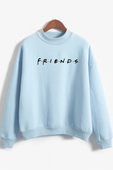 Colorful Dot Letter FRIENDS Printed Mock Neck Long Sleeve Pullover Sweatshirt
