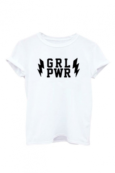 Flash Letter GRL PWR Printed Short Sleeve Round Neck Tee for Guys