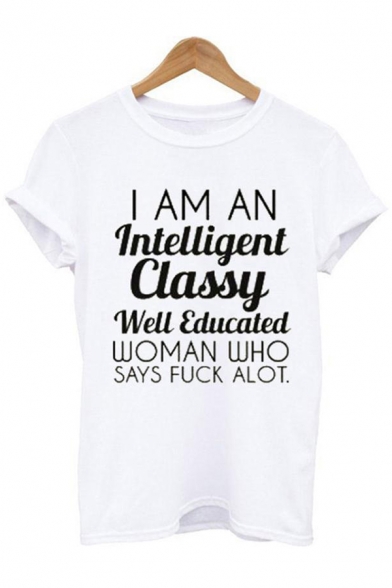 Funny Letter Printed Round Neck Short Sleeve White Casual T-Shirt
