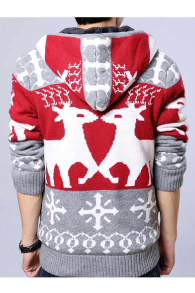 Men's Winter Fashion Colorblock Deer Printed Long Sleeve Hooded Zip Closure Fleece Cardigan