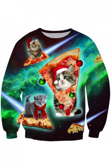 New Fashion 3D Pizza Cat Pattern Round Neck Long Sleeve Pullover Sweatshirt