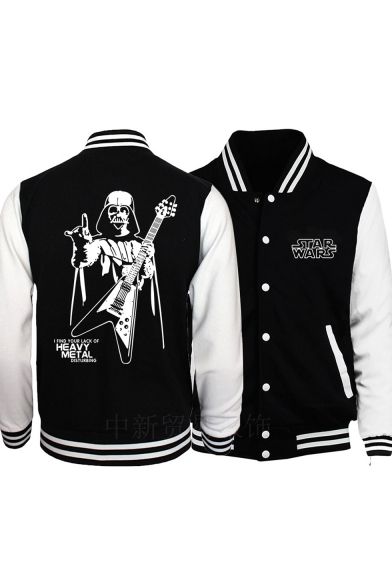 New Trendy Cartoon Character Printed Back Long Sleeve Stand Collar Baseball Jacket for Guys