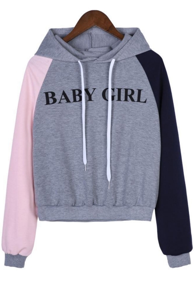 New Trendy Color Block Long Sleeve Letter BABY GIRL Printed Gray Hoodie