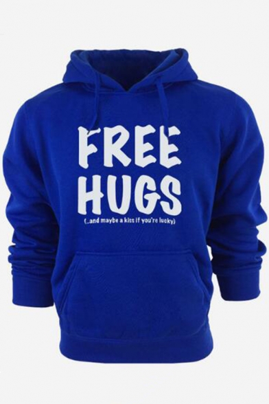 Street Style Letter FREE HUGS Printed Long Sleeve Sports Fitted Hoodie