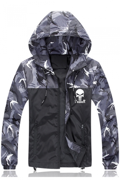 Stylish Color Block Camouflage Pattern Long Sleeve Hooded Zip Up Jacket