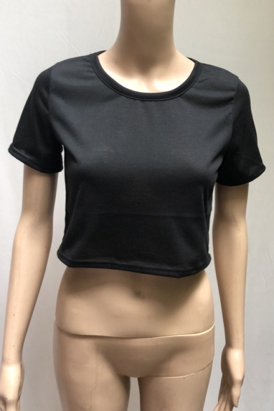 Summer Hot Fashion Round Neck Short Sleeve Basic Solid Fitted Cropped T-Shirt