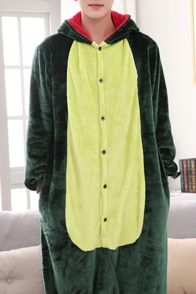 Trendy Color Block Hooded Long Sleeve Fleece Cosplay Dinosaur Unisex Onesie Pajamas