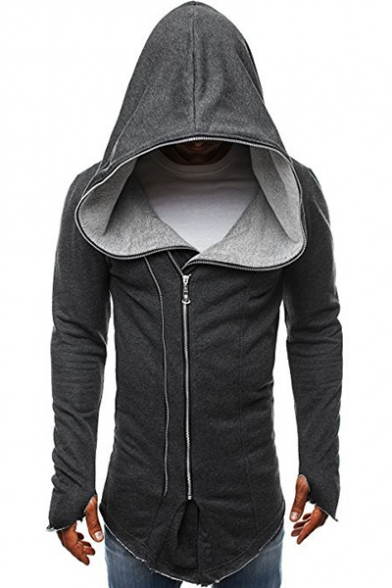 Winter's New Stylish Long Sleeve Hooded Zip Up Asymmetric Hem Slim Solid Coat