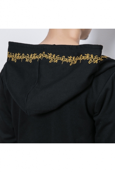 Chinese Style Embroidered Hooded Long Sleeve Tied Waist Black Loose Casual Coat