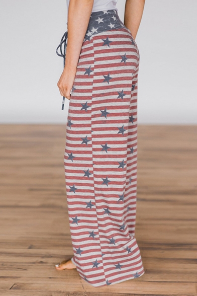 Classic Striped Floral Printed Tied Waist Loose Leisure Wide Legs Pants