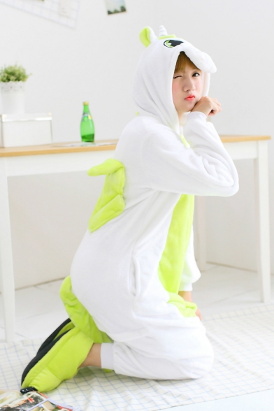 Colorblock Green Unicorn Cosplay Long Sleeve Hooded Onesie Costume Pajamas
