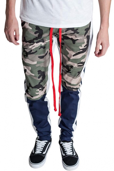 Fashion Color Block Camouflage Printed Sports Cotton Fitted Pants