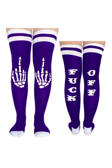 Fashion Skull Letter FUCK OFF Printed Striped Trim Over Knee Stockings