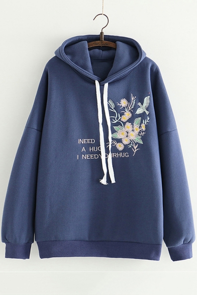 Floral Letter Embroidered Long Sleeve Casual Loose Leisure Hoodie