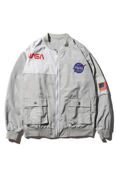 

Hip Hop Style Fashion NASA Logo Patched Long Sleeve Zip Up Unisex Jacket, Black;grey, LC491878