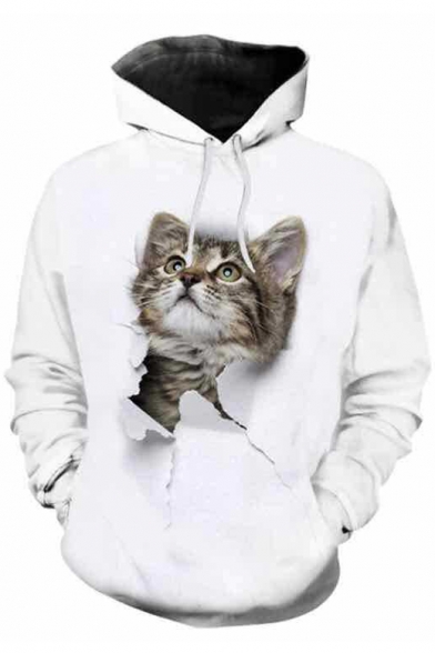 Hot Popular Long Sleeve 3D Cat Printed Loose Fitted Casual White Hoodie