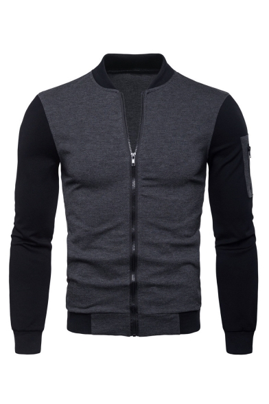 Men's Fashion Stand Collar Long Sleeve Black and Gray Color Block Zip Up Slim Jacket
