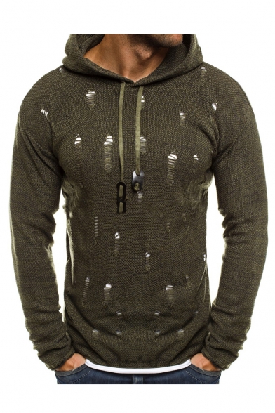 Men's New Trendy Ripped Detail Long Sleeve Basic Solid Slim Hooded Sweater