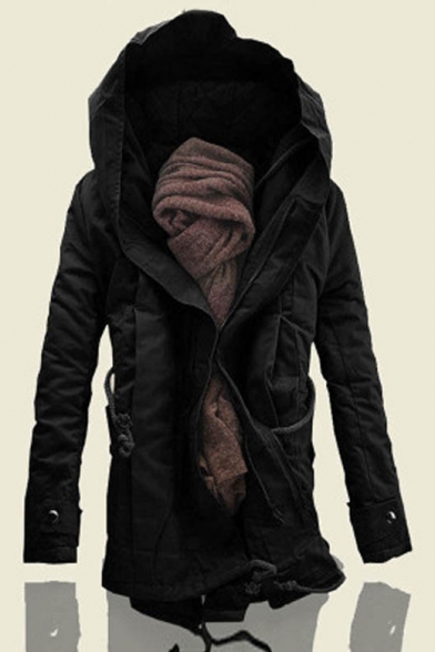 Men's Winter Hooded Long Sleeve Warm Cotton-Padded Inside Zip Up Longline Coat