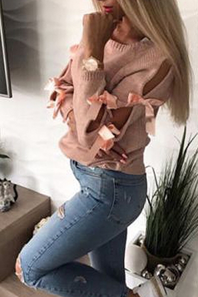 New Arrival Chic Round Neck Bow Embellished Long Sleeve Plain Sweater