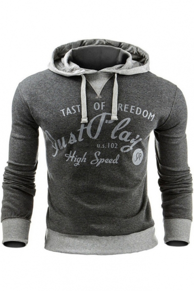 New Fashion Color Block Letter Printed Long Sleeve Slim Fitted Gray Hoodie for Men
