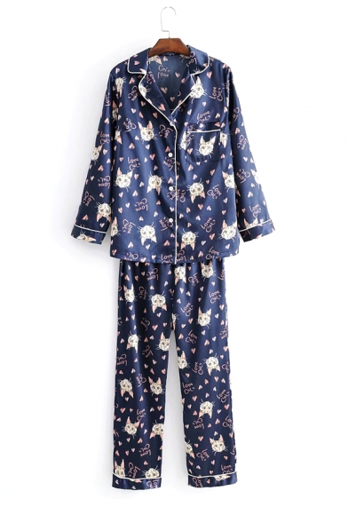 Notched Lapel Collar Long Sleeve Shirt Floral Printed Pajama Co-ords