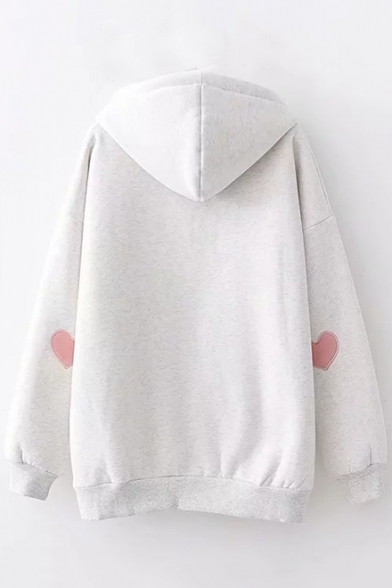 Simple Heart Patched Long Sleeve Peach Embroidered Regular Hoodie