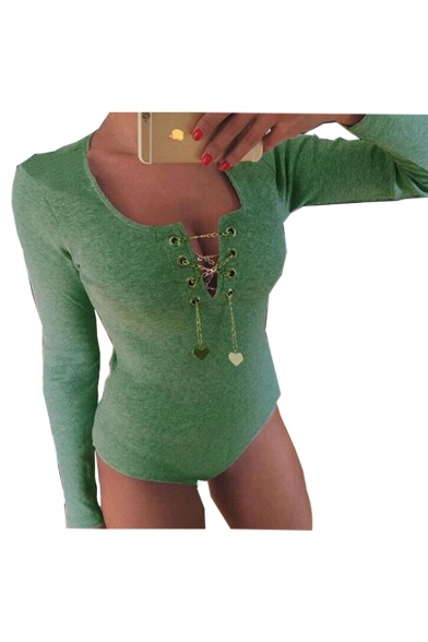 Stylish Lace-Up Chain Front Long Sleeve Slim Fitted Solid Bodysuit