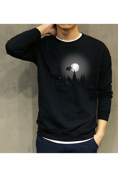 Stylish Long Sleeve Round Neck Castle Moon Printed Black Cotton Sweatshirt for Men